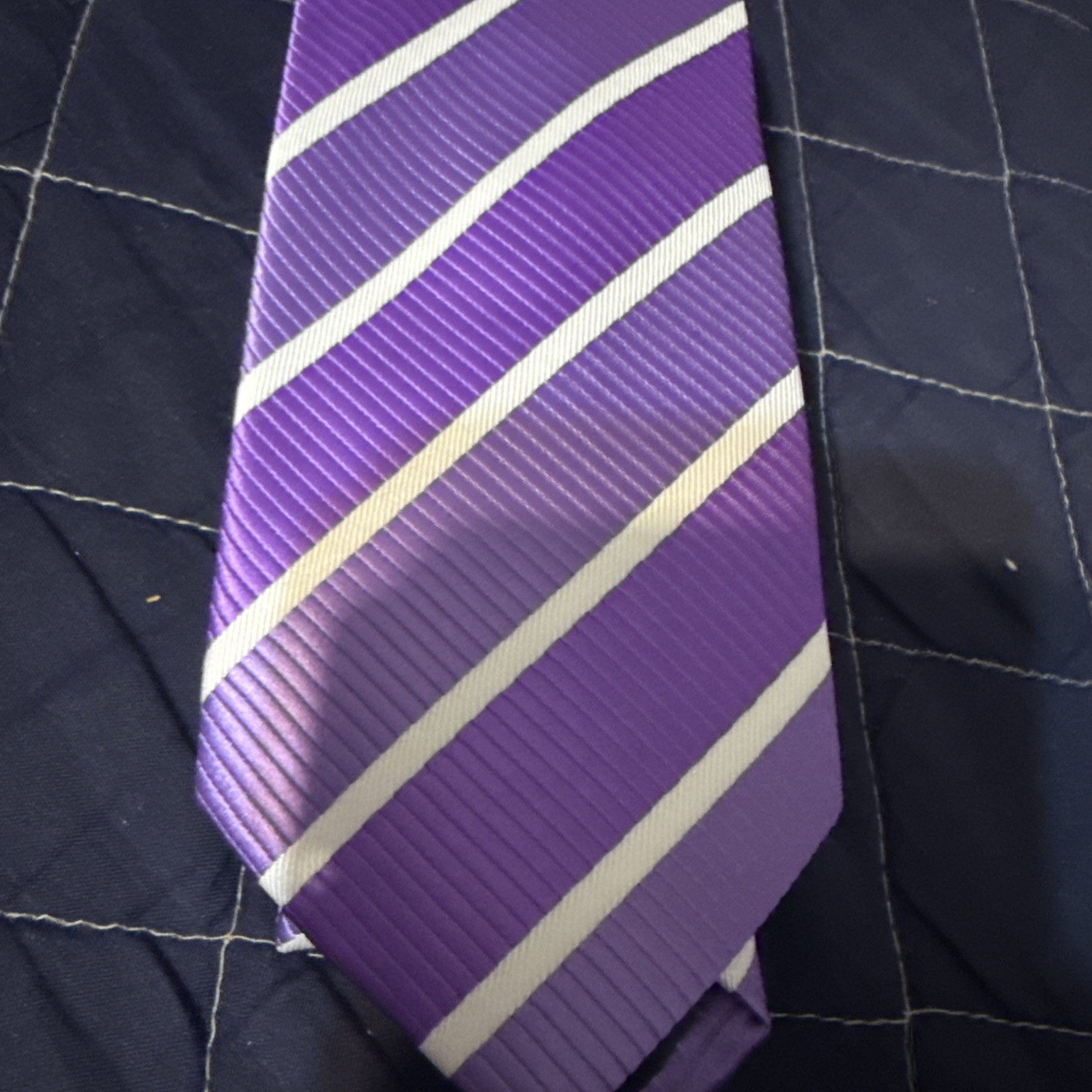 Hand Made WeiShang Men’s Necktie Tie Purple White Stripes 57” X 3”