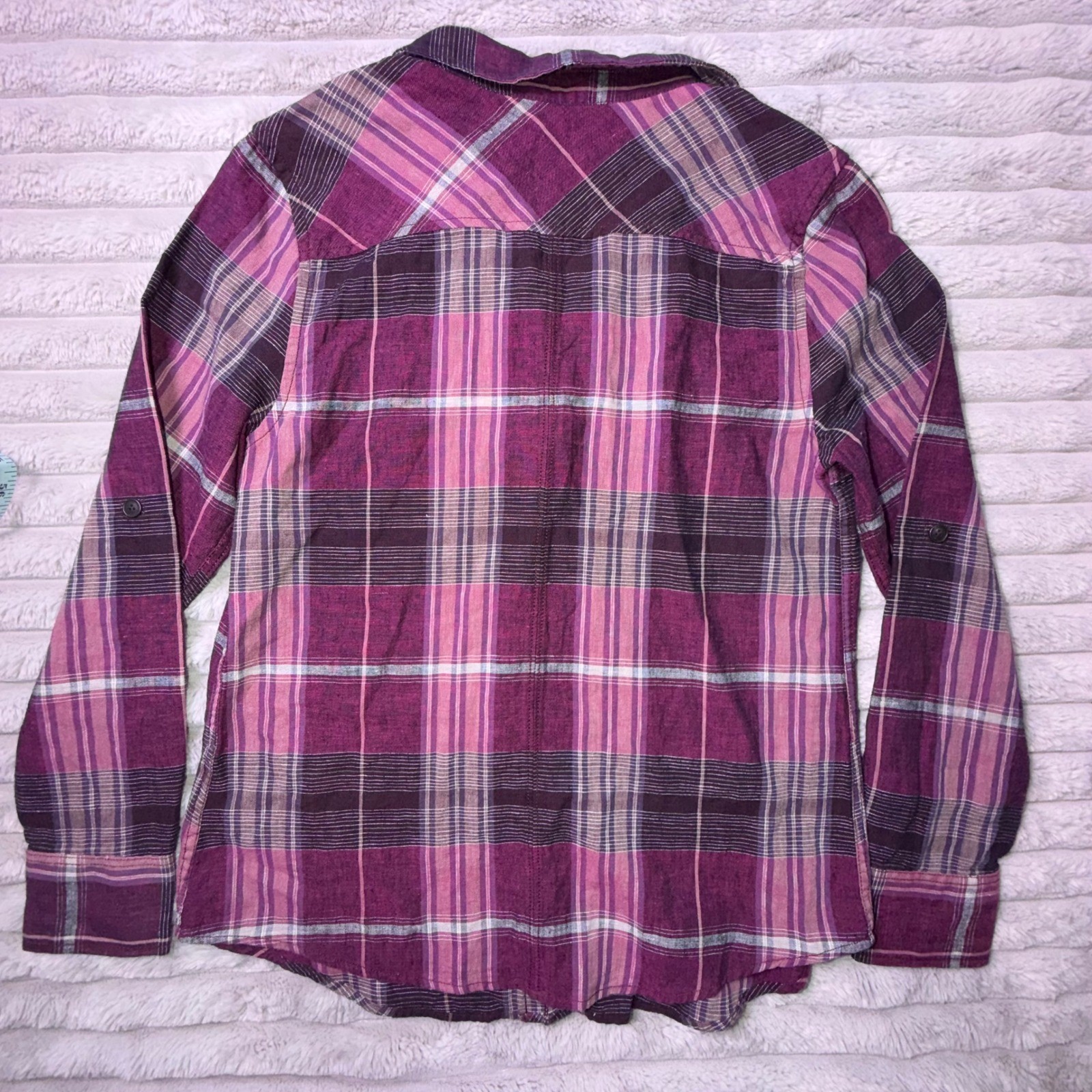 Harley-Davidson Womens Small Purple Plaid Linen Blend Roll Tab Button Down Shirt