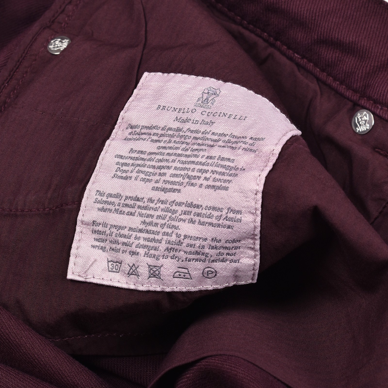 BRUNELLO CUCINELLI MEN’S BURGUNDY DENIM FIVE-POCKET TROUSERS MSRP $865