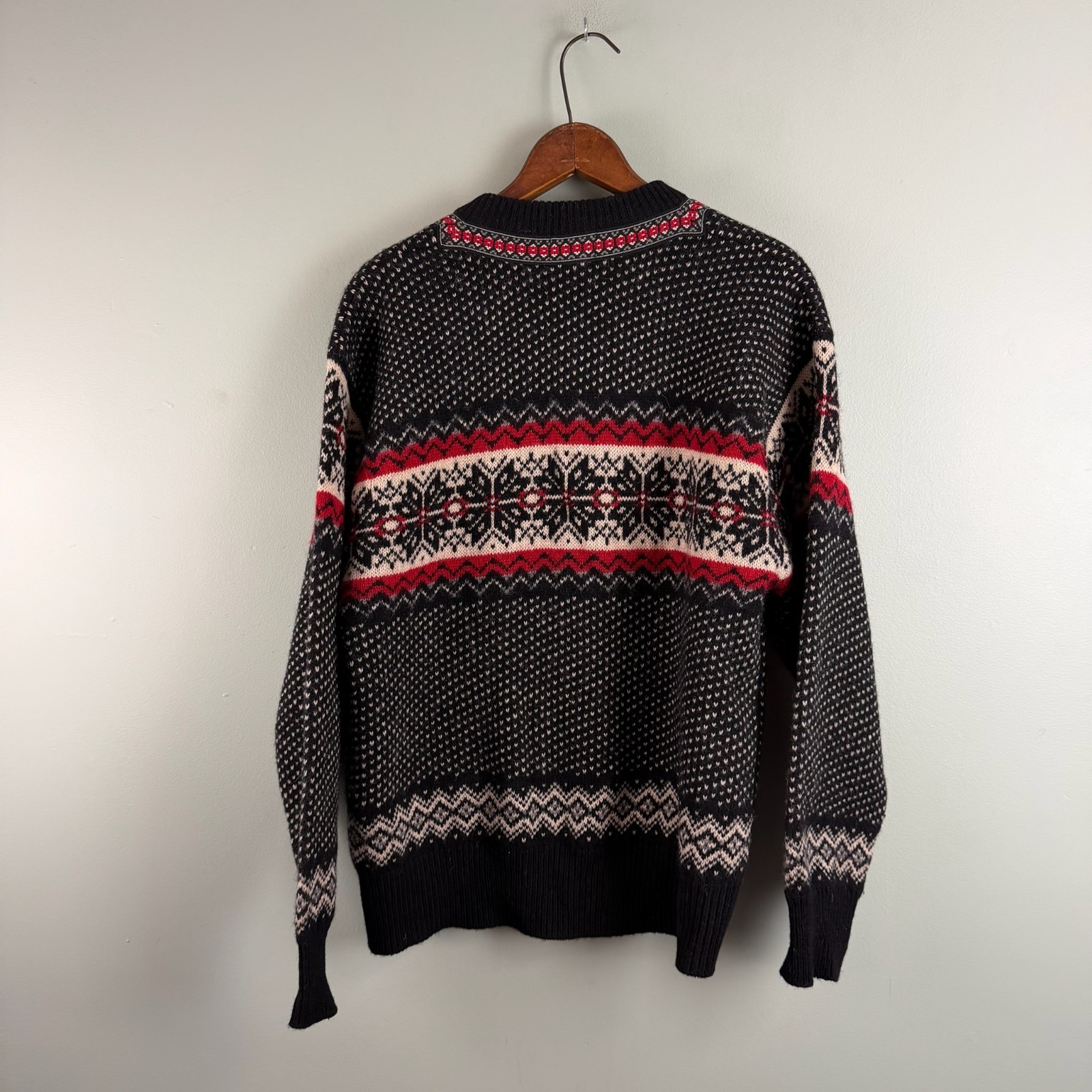 VTG Women Willi Smith Black Fair Isle Shetland Wool Cardigan Sweater Size Large