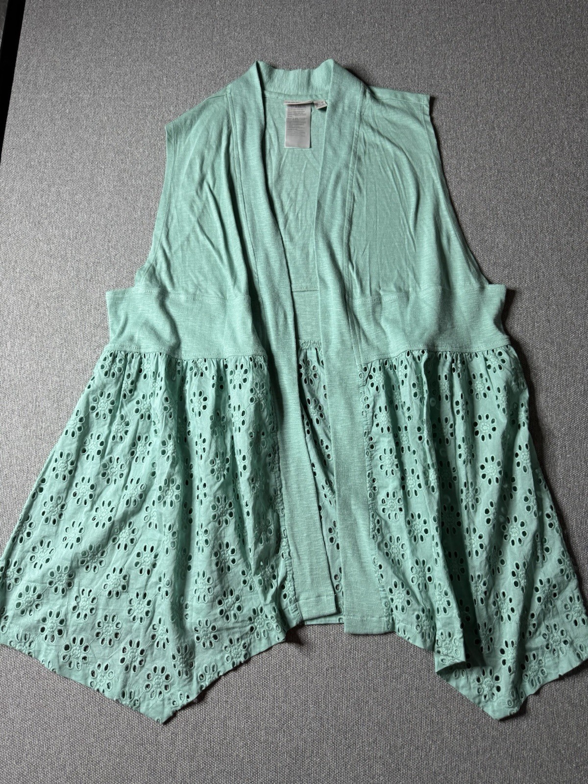 LOGO by Lori Goldstein Women’s Med. Aqua Blue Open Front Eyelet Lace Sleeveless