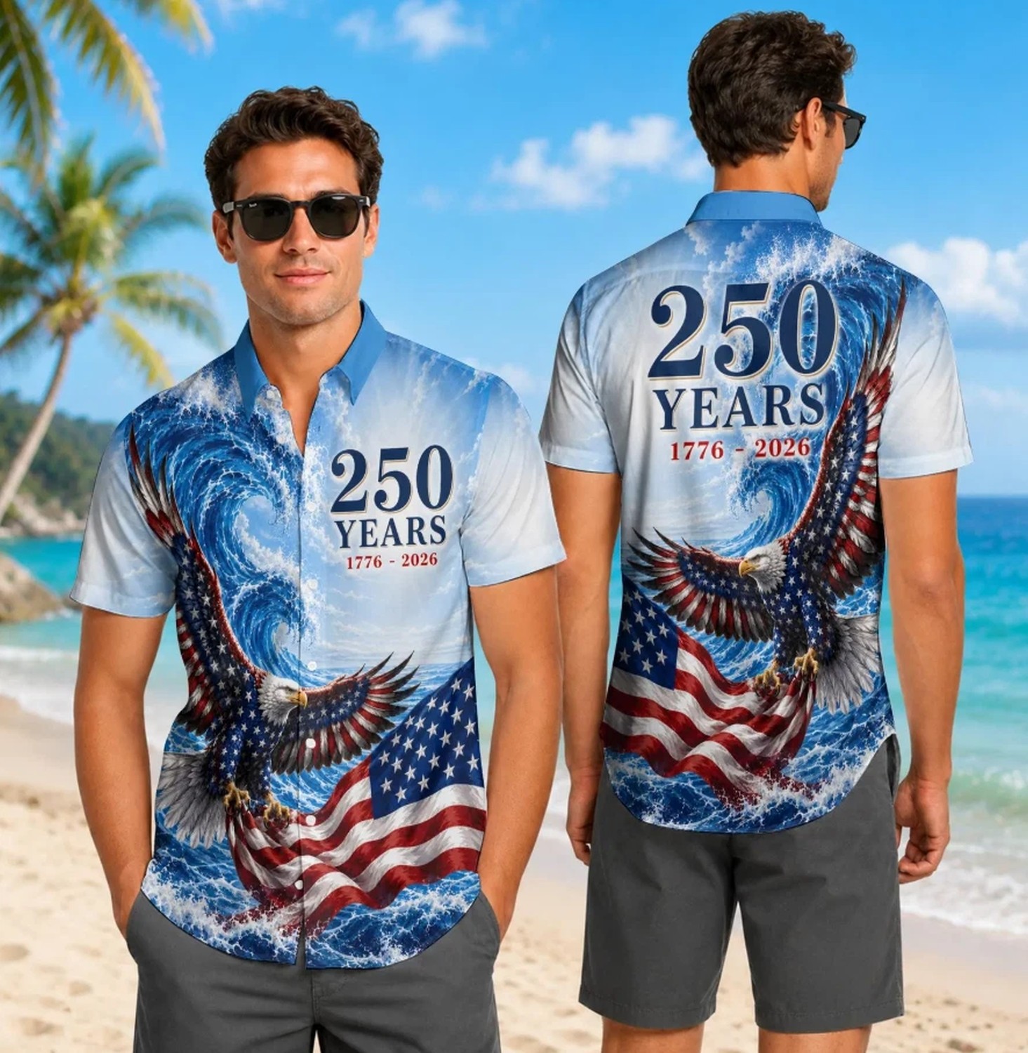Patriotic Hawaiian Shirt Bald Eagle Flag 250th Anniversary USA 4th Of July Men