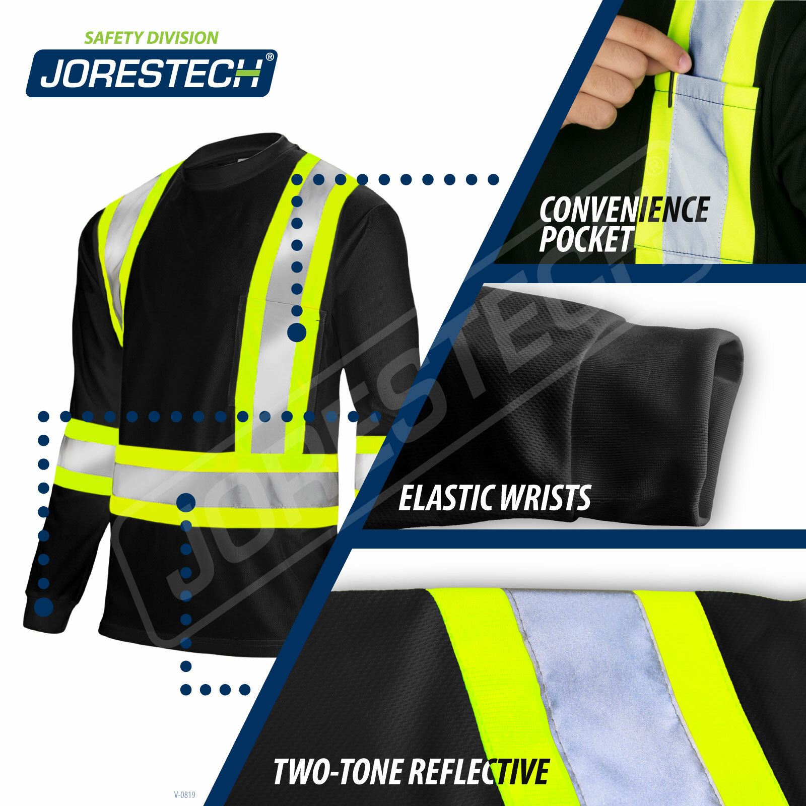 Black Hi Vis Shirt ANSI Class 1 Reflective Safety Long Sleeve HIGH VISIBILITY