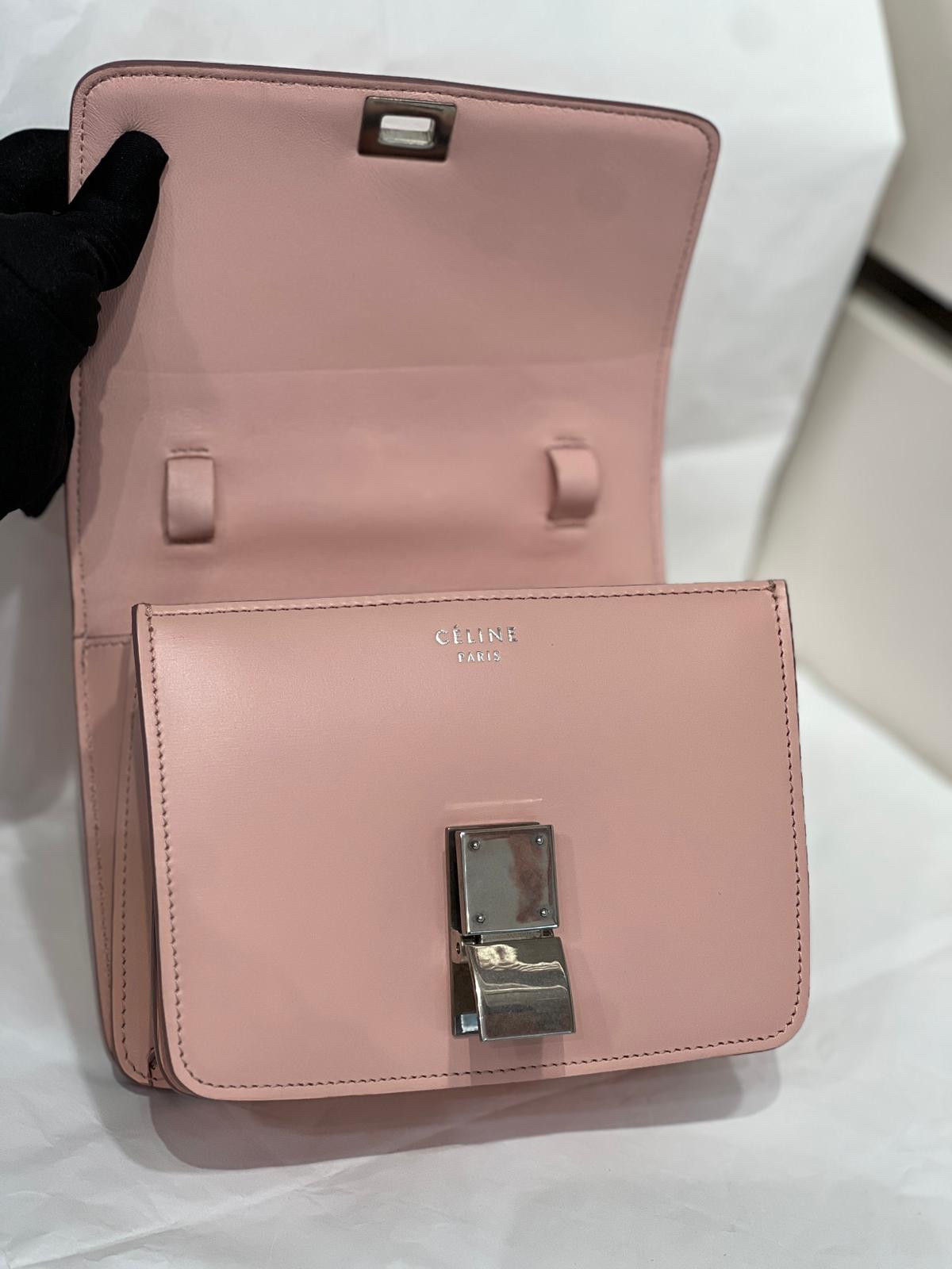 Authentic Celine Classic Box Mini Smooth Calfskin Shoulder Bag Pink Silver-Tone