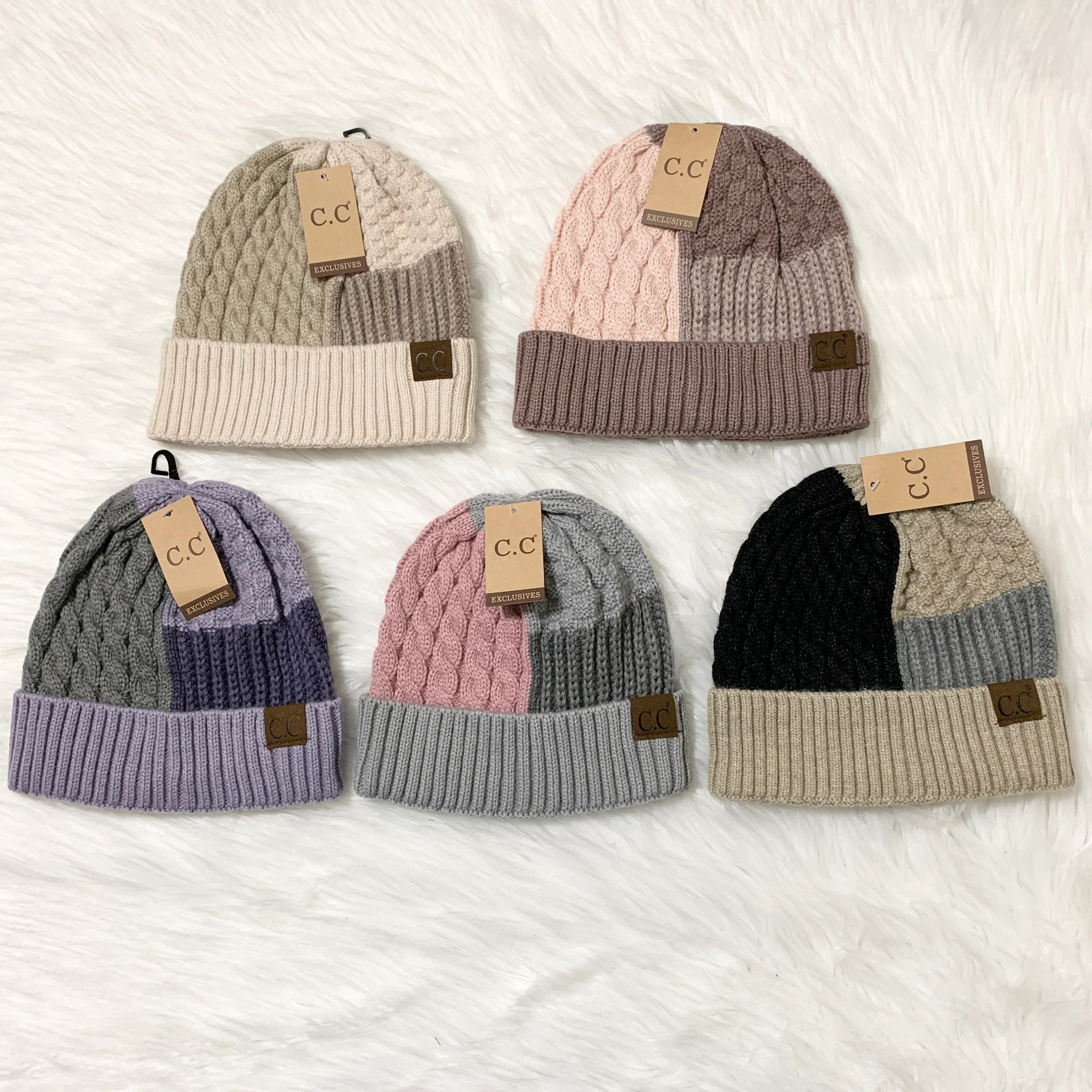 C.C Color Block Beanie for Adults, Winter Hats, Premium Hats, Cozy Warm Hats