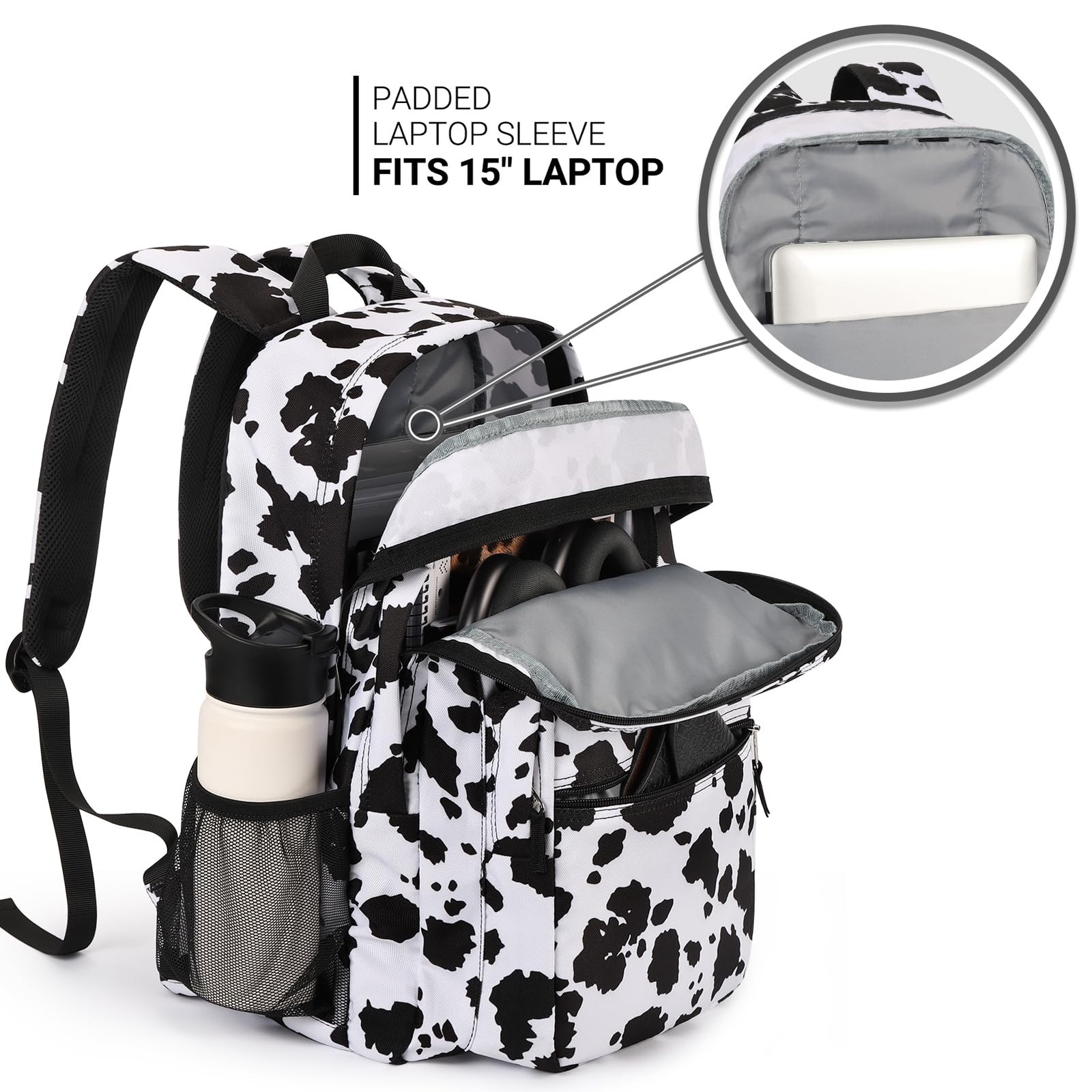 26L Cow Print Black Backpack for School College Travel Water Resistant