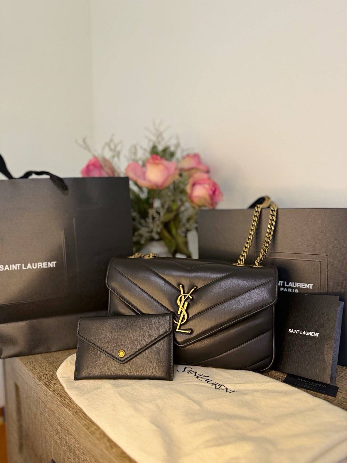 Saint Laurent Small Envelope Black Chevron Quilted Chain Crossbody Gold HW