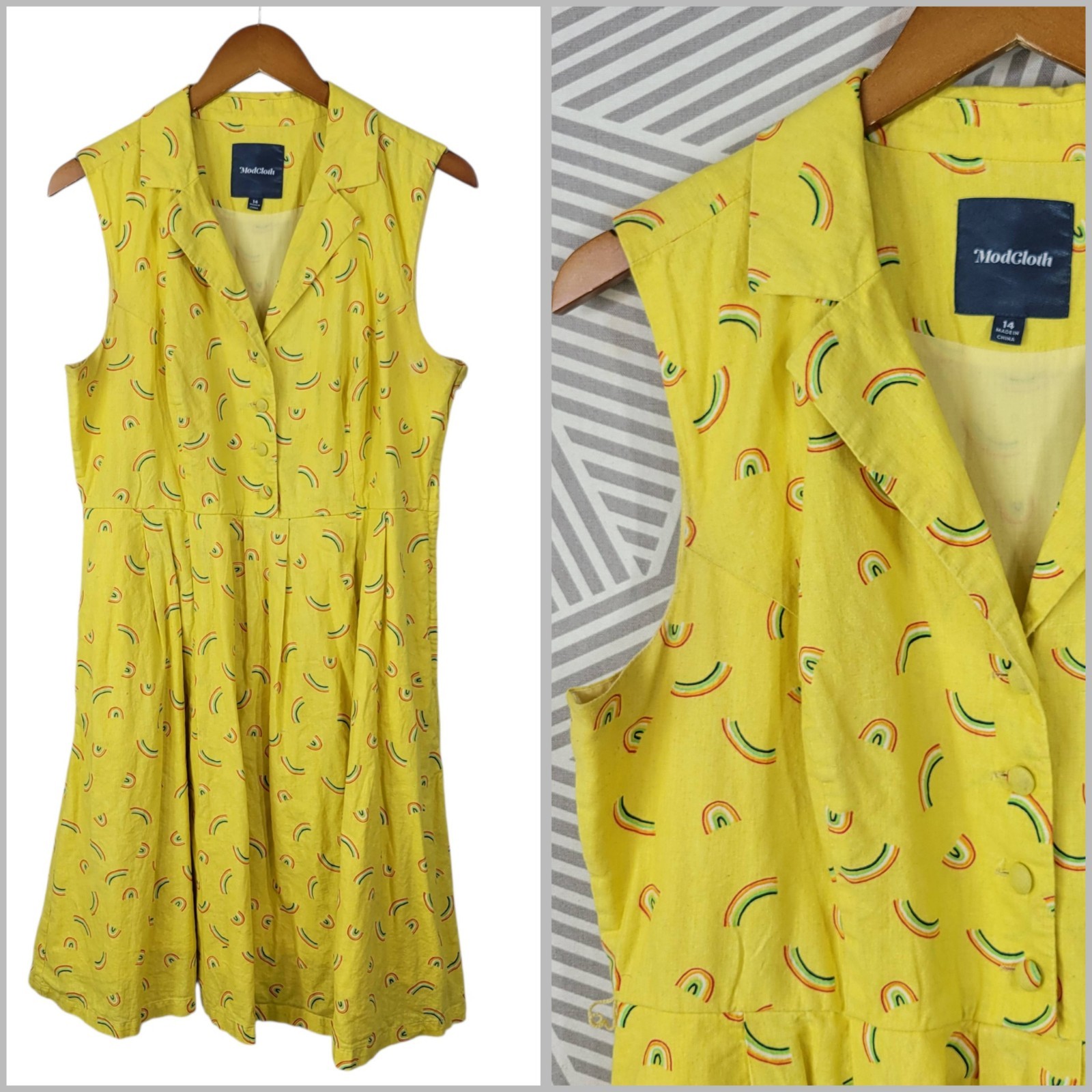 ModCloth Retro Dress Size 14 Fit Flare Yellow Rainbow Mod Party Pinup Below Knee