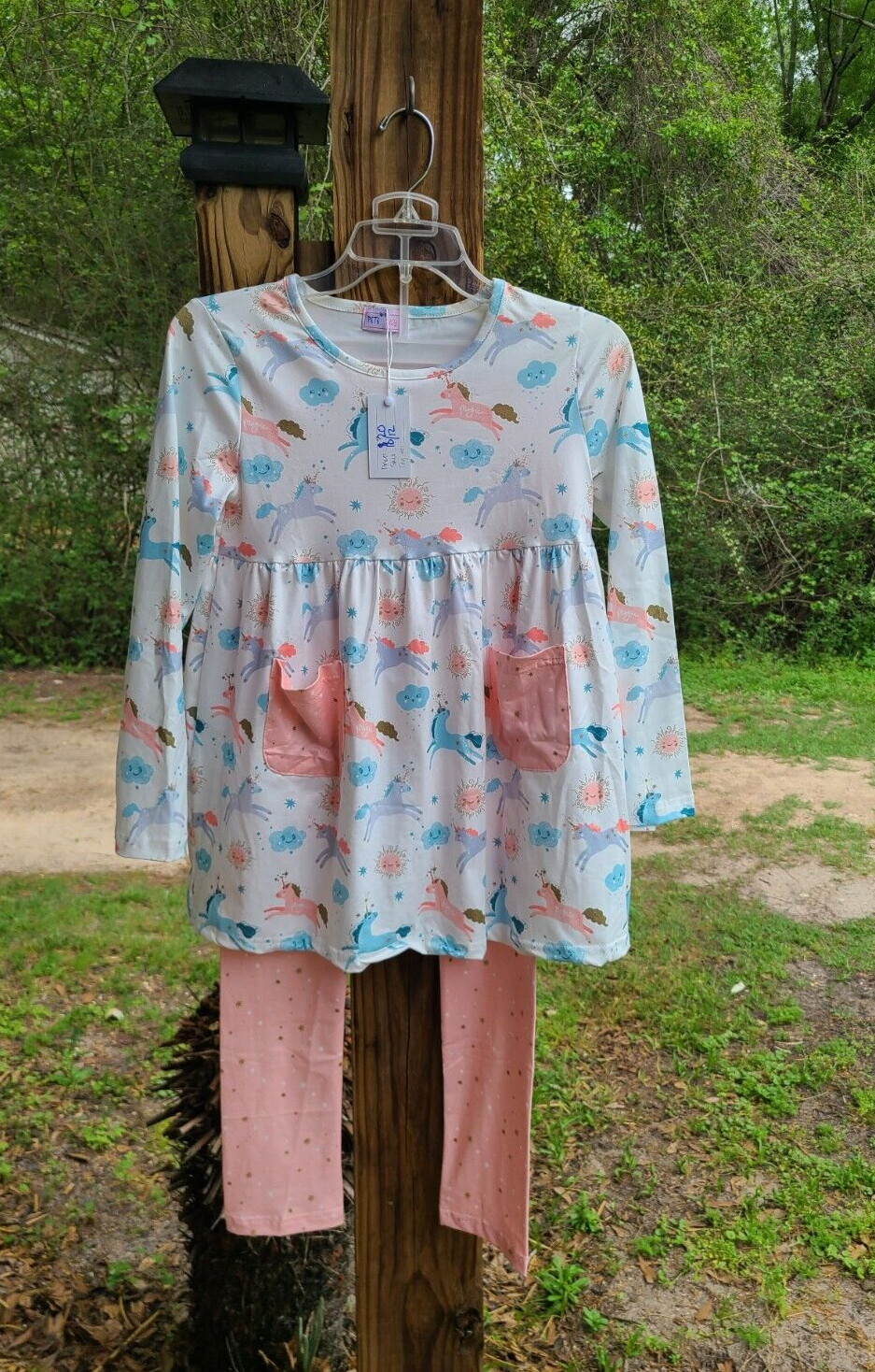 Pete and Lucy Coral, Blue & White Unicorn Sky Print Pant Set Sz 10-12 Girls New