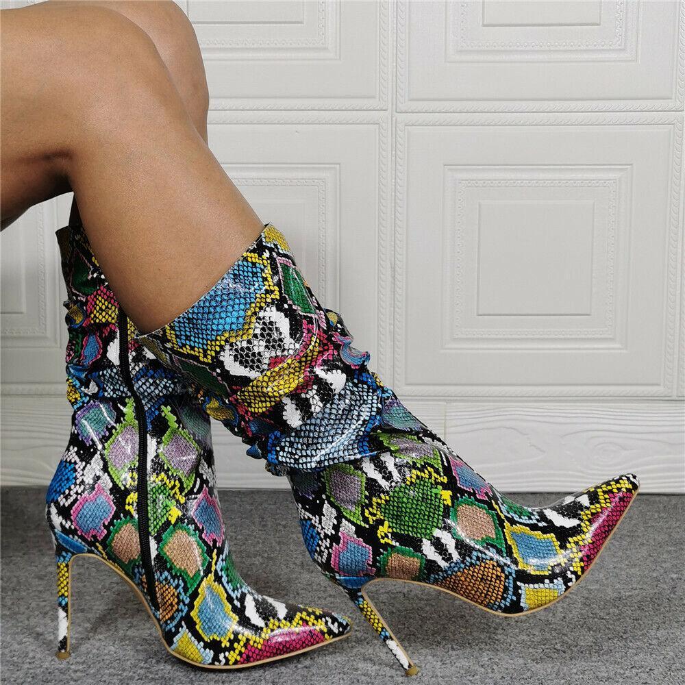 Women’s Snakeskin Python Pattern Stilettos High Heel Boots Pleated Shoes Fashion