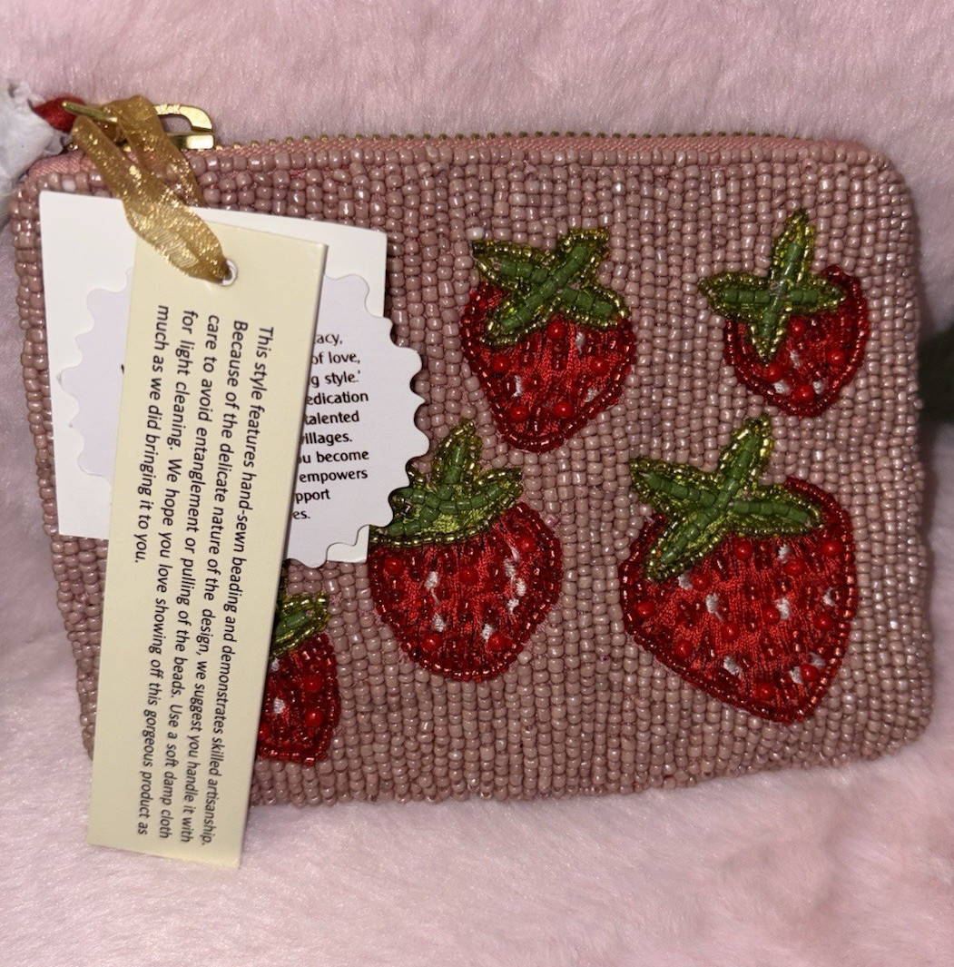 Handmade Pink Beaded Strawberry Striped Zip Coin Wallet Pouch for Women