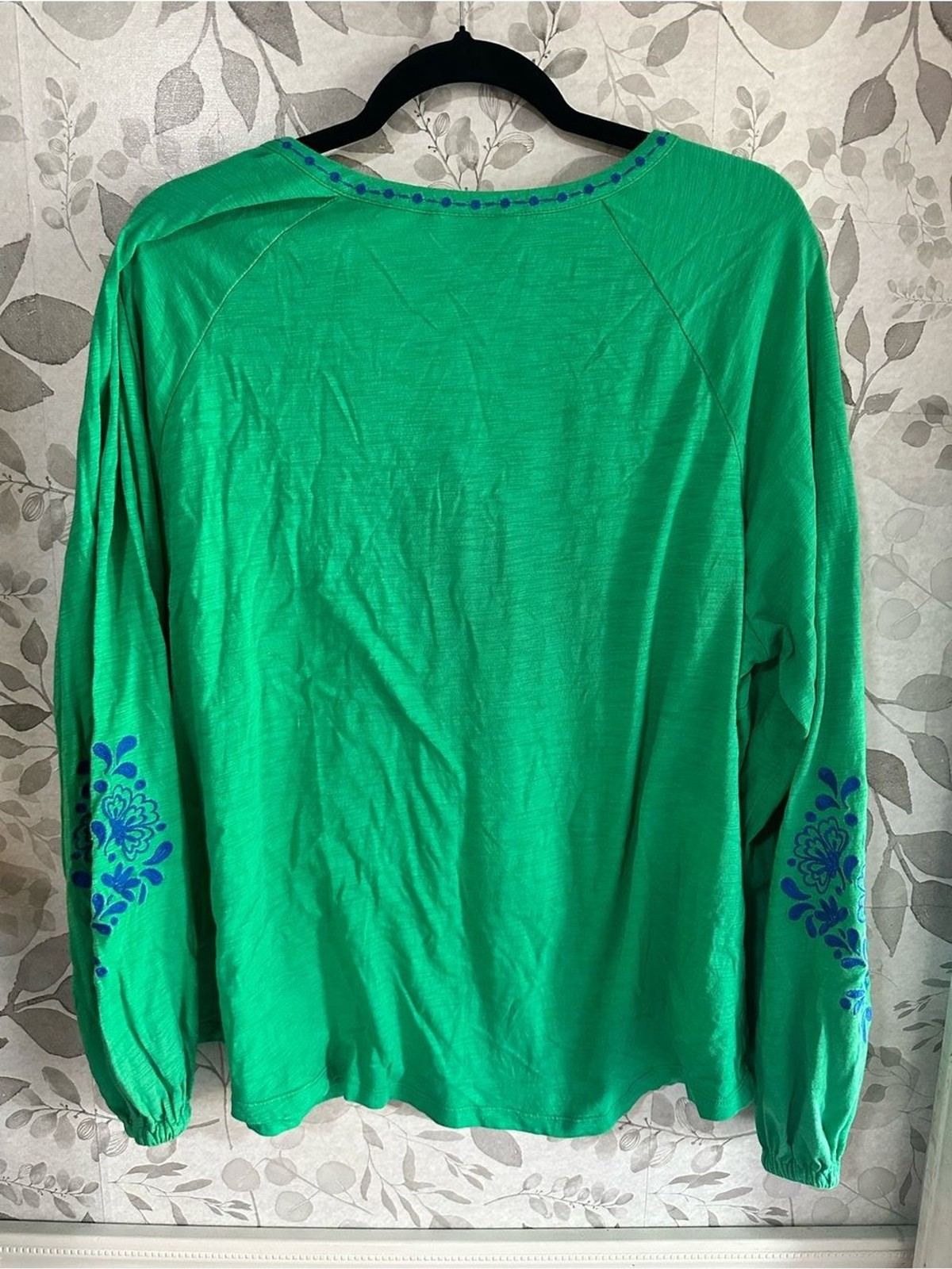 Belle Boho by Kim Gravel Emerald Green Long-Sleeve Peasant Blue Embroidery XL