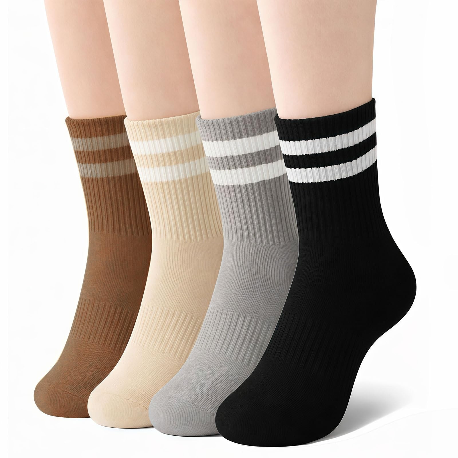 4 Pairs Womens Striped Crew Socks, Cozy Cute 4 Pairs-black/Grey/Khaki/Coffee