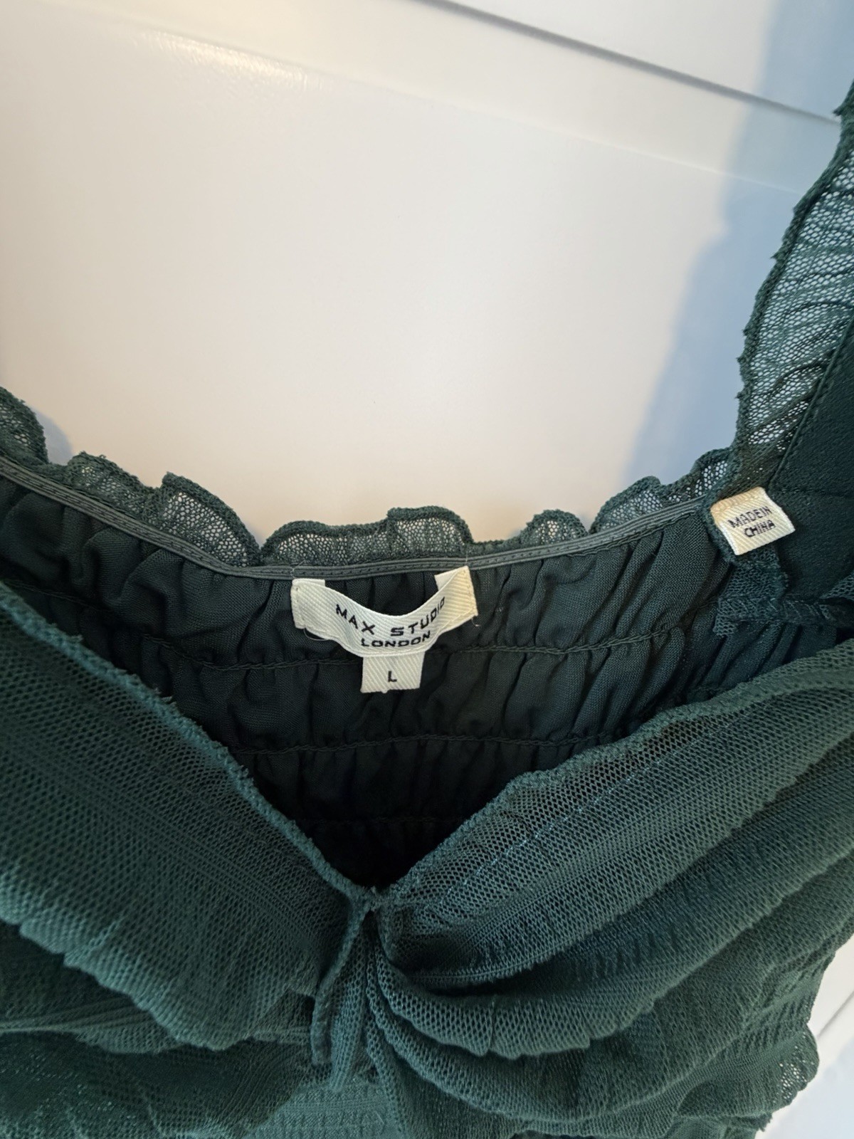 Max Studio Women’s Textured Mesh Cottagecore ruffle maxi BOHO Green Tiered lined