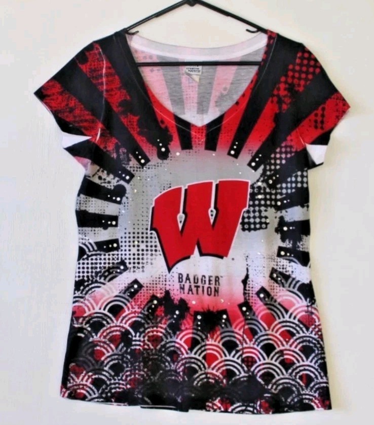 Women’s Wisconsin Badgers Rhinestone Football V-neck T-Shirt Tee Bling Large