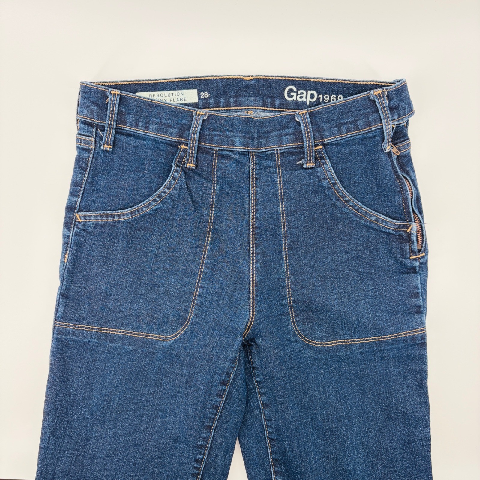 Gap 1969 Resolution Skinny Flare Jeans Blue 28r High Rise Side Zip Patch Pocket