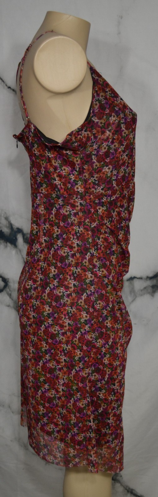 BCBGENERATION Black Multicolor Floral Spaghetti Strap Ruched Dress 14 Asymmetric