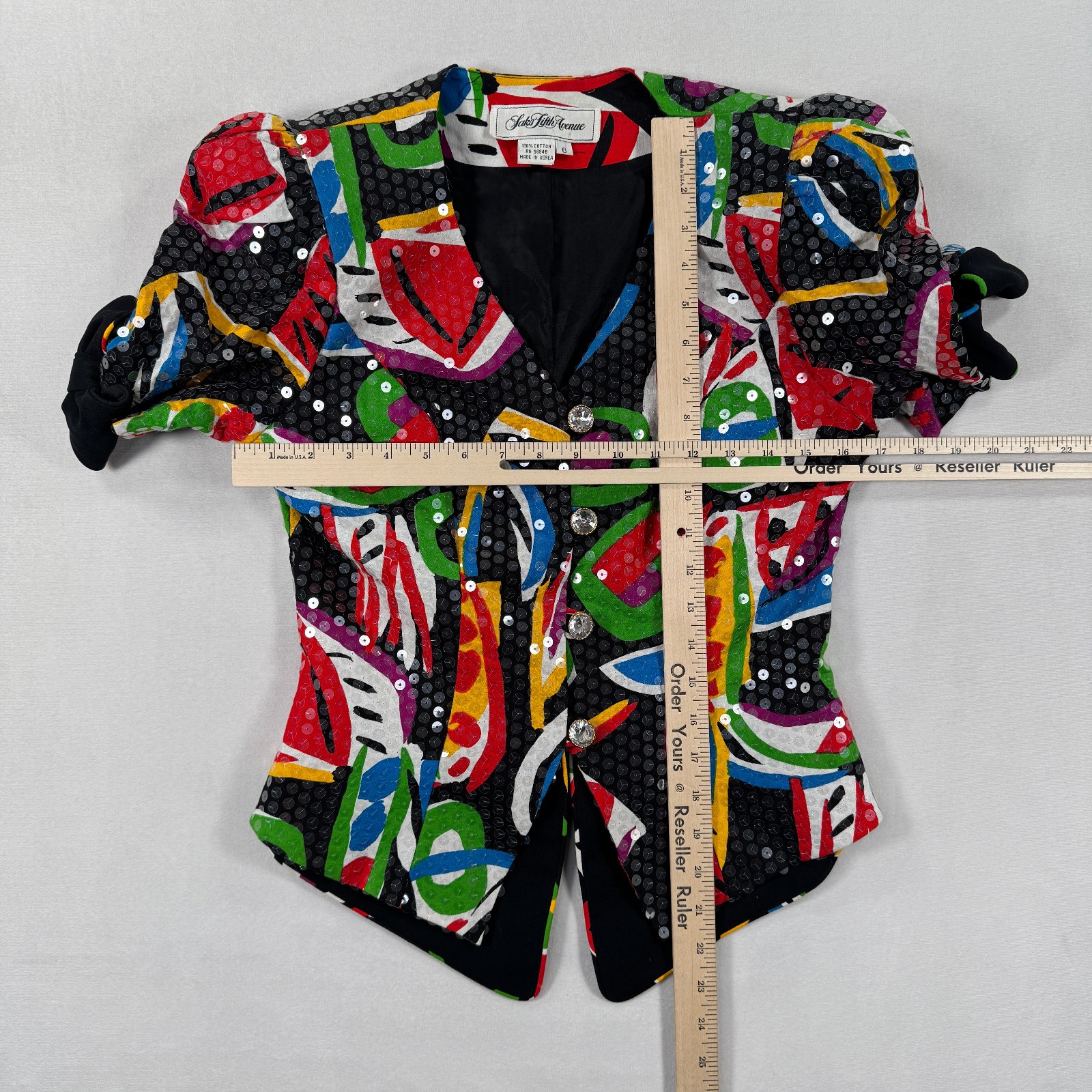 Saks Fifth Avenue Colorful Jacket Sequins Buttons 100% Cotton Fashion, Size 6