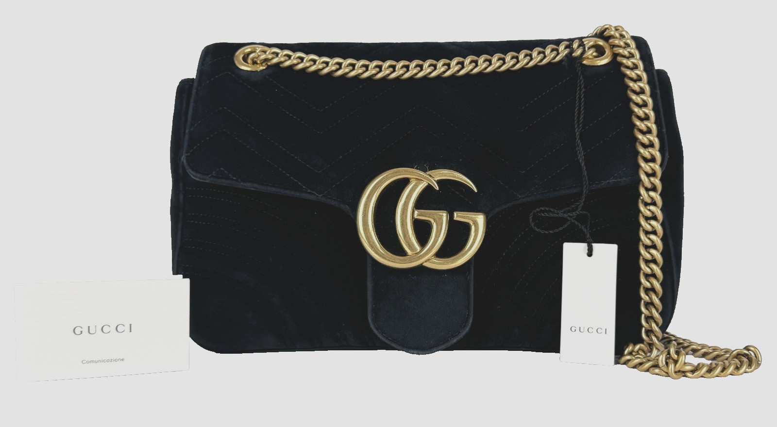 Gucci Auth Black Double G Marmont Medium Velvet Crossbody Shoulder Chain GG Bag