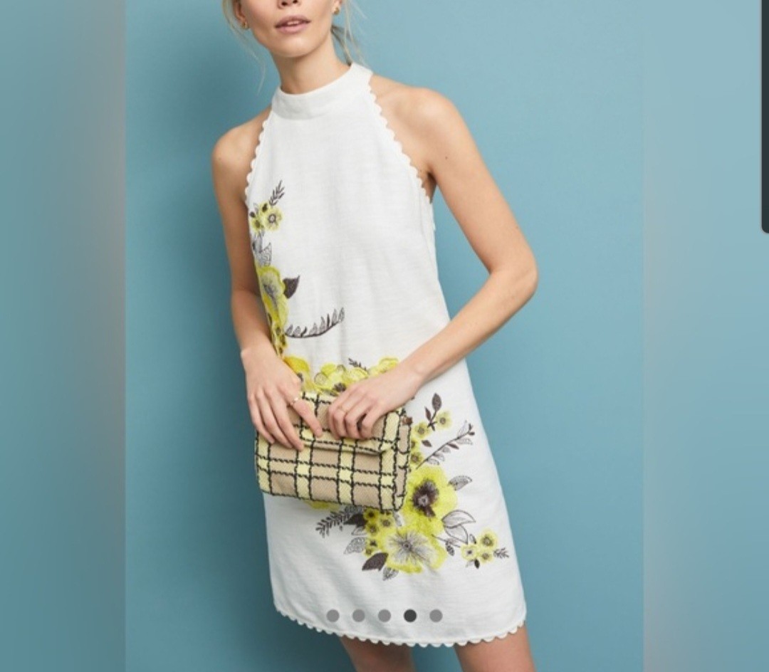 Maeve Anthropologie Yellow Petunia White Embroidered Dress High Neck Cotton Sz 8