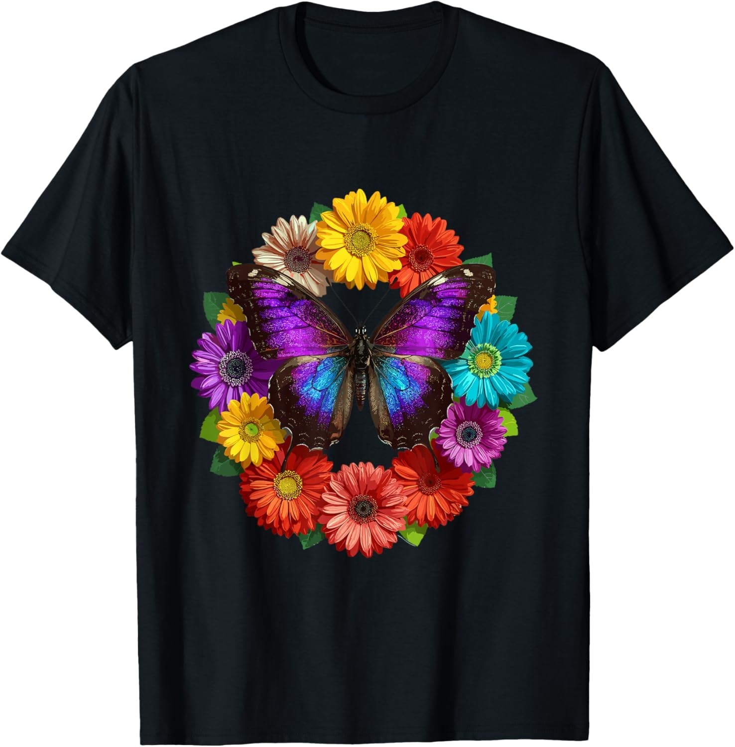 Vibrant Butterfly Wings Botanical Flower Circle Summer T-Shirt unisex Tee