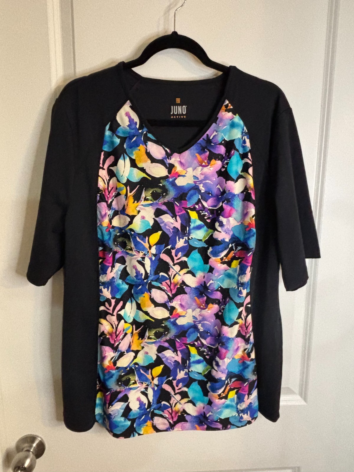 JunoActive Plus Size Wear Women’s Black with Front Floral Print Shirt 2X
