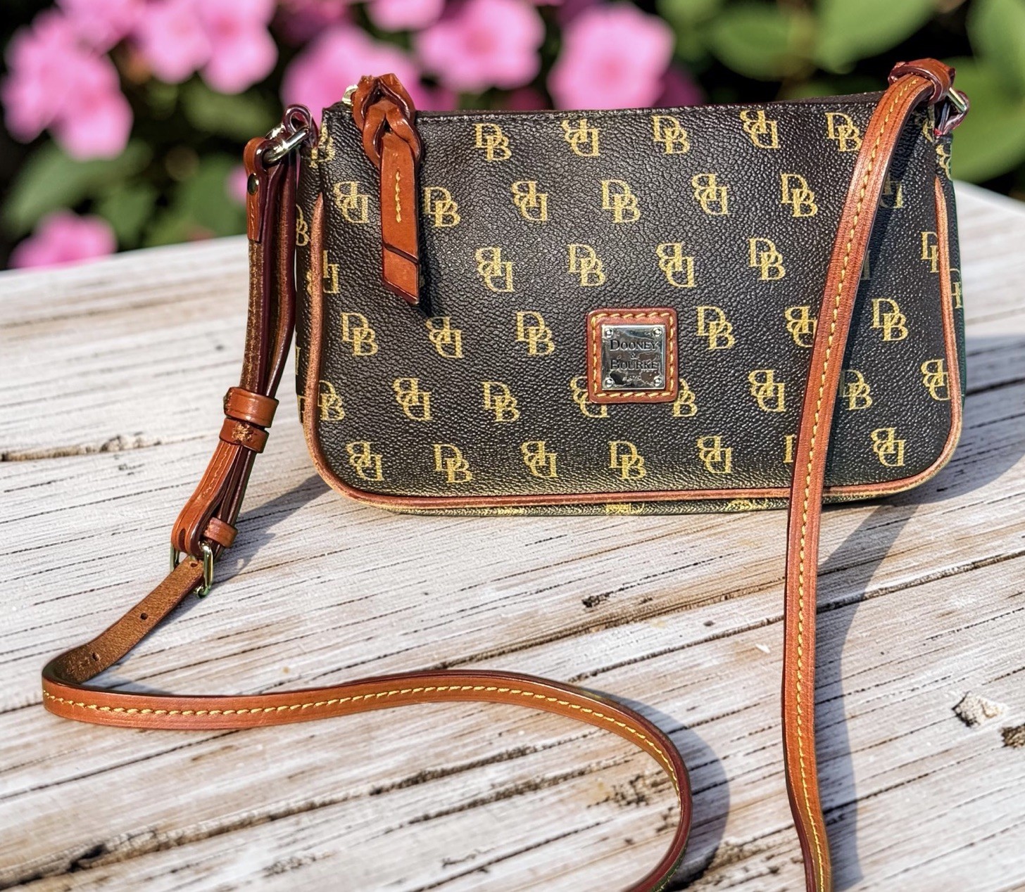 Dooney Bourke Gretta Lexi Small Crossbody Bag Dark Brown T’Moro DB Logo Monogram