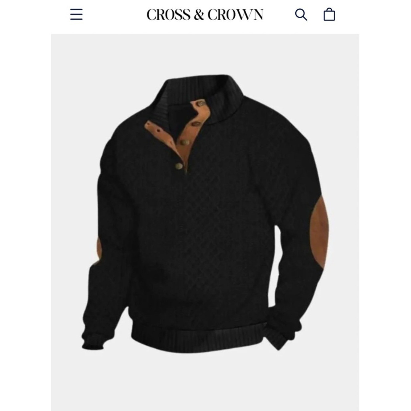 NWT Men’s Black Quarter Button Pullover Sweater L Textured Knit Elbow Patch