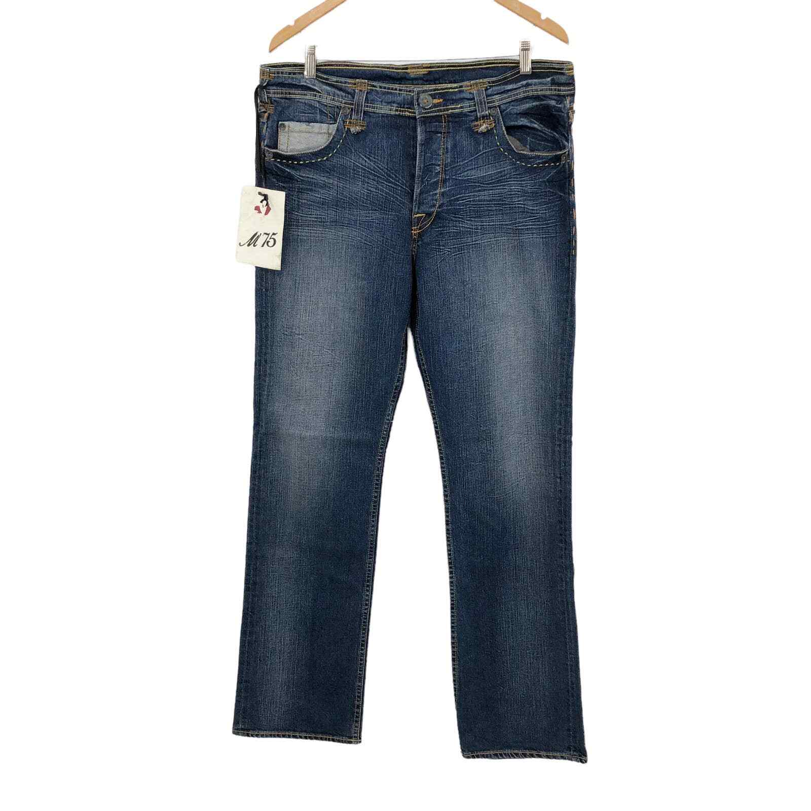 M75 Frank Mechaly Men’s Jeans 38 Straight Distressed Med Wash Button Fly Stretch