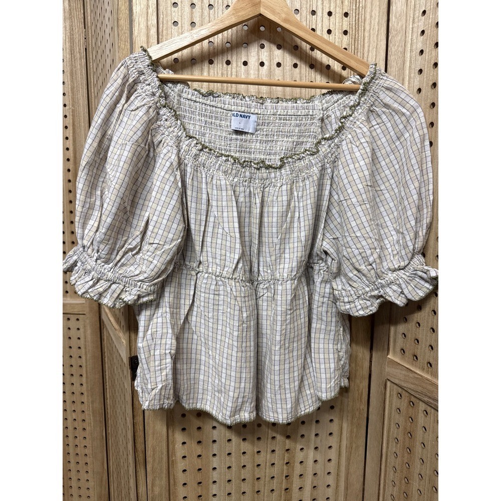 Old Navy Womens Large Plaid Smocked Peplum Puff Sleeve Blouse Cream Olive Green