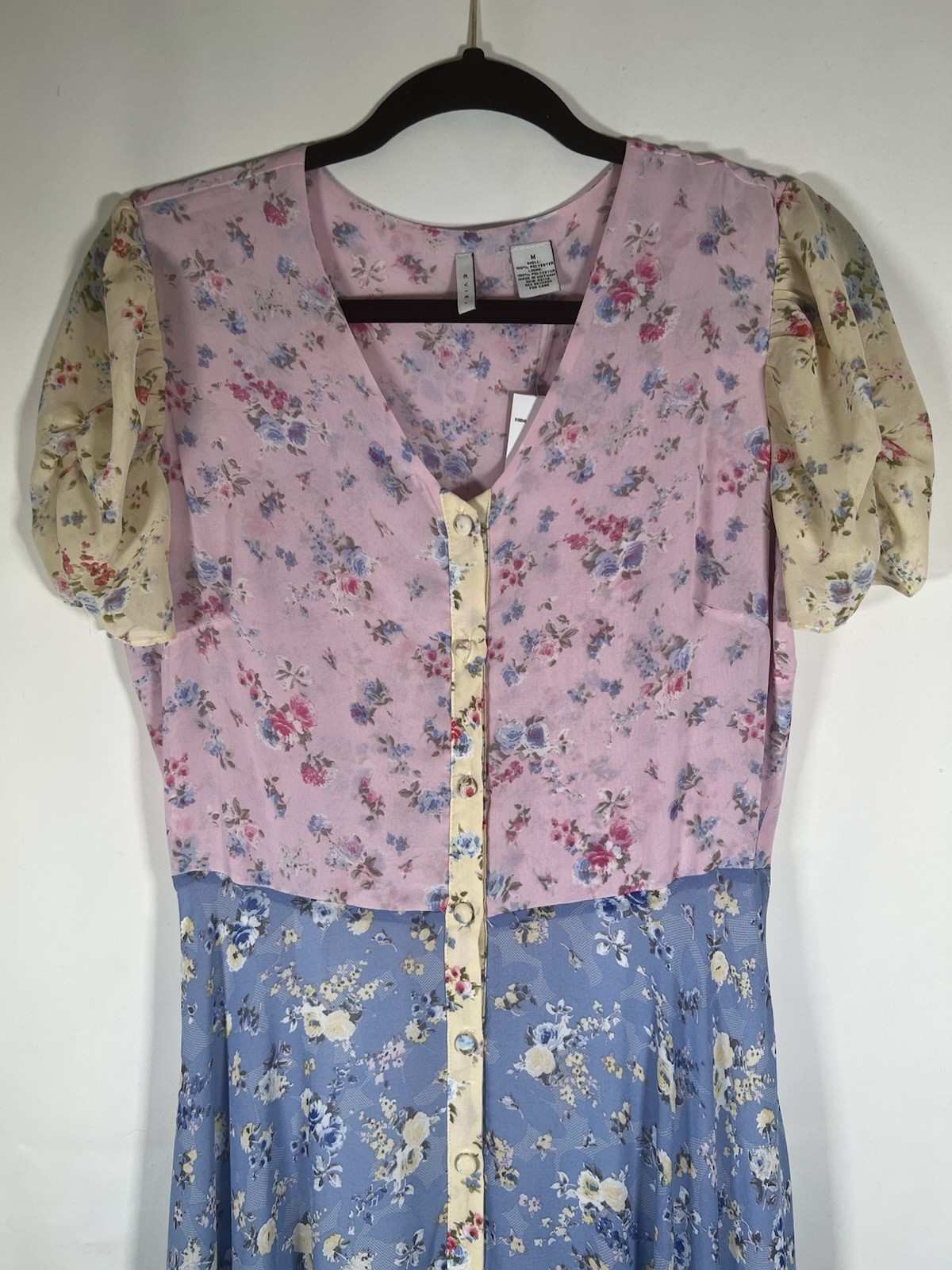 Evie Blue Pink Floral Patchwork Print Midi Dress Button CottageCore Feminine NWT