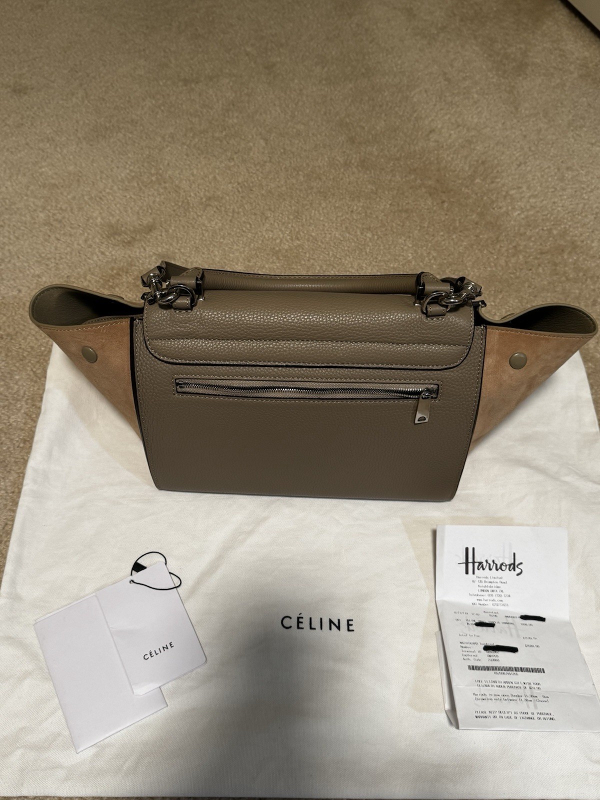 Preloved CELINE Trapeze TaupeTan Colorblock Satchel Top Handle Detachable Strap
