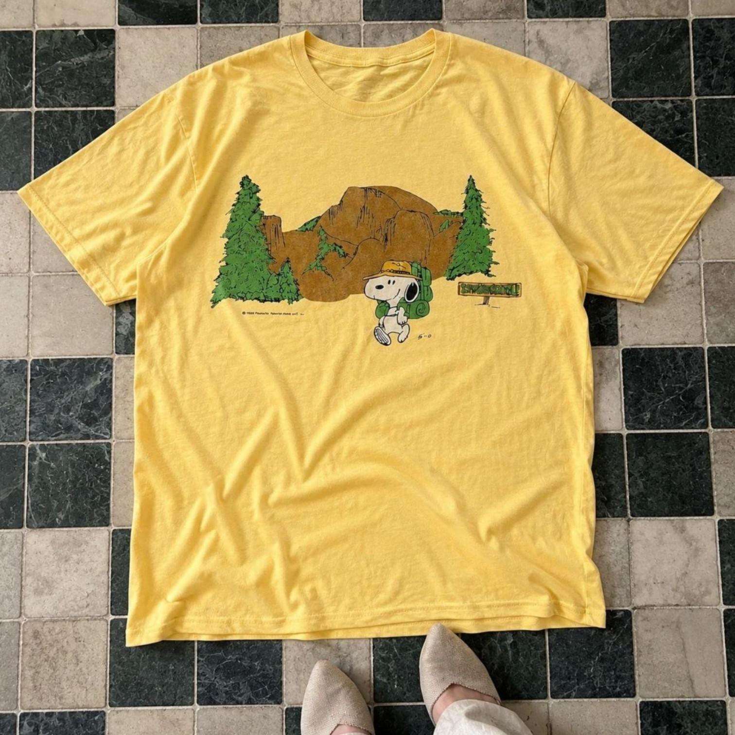 Snoopy Hiking Yellow Graphic T-Shirt Peanuts Outdoor Nature Tee