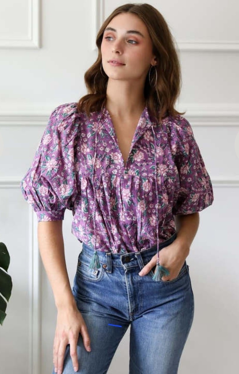 Mille Resort & Travel Purple Floral Puff Sleeve Boho Tie Neck Gauzy Top