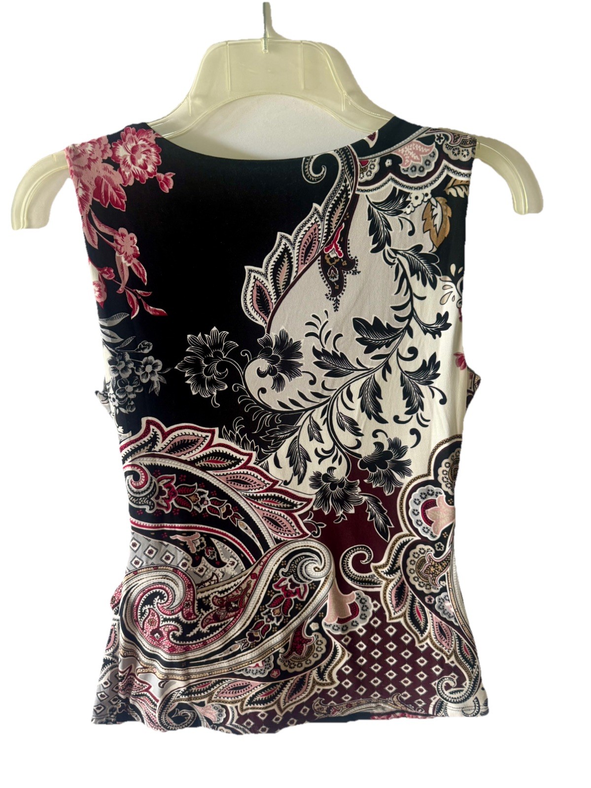 White House Black Market Chic Paisley Faux Wrap Top Burgandy Black White XS