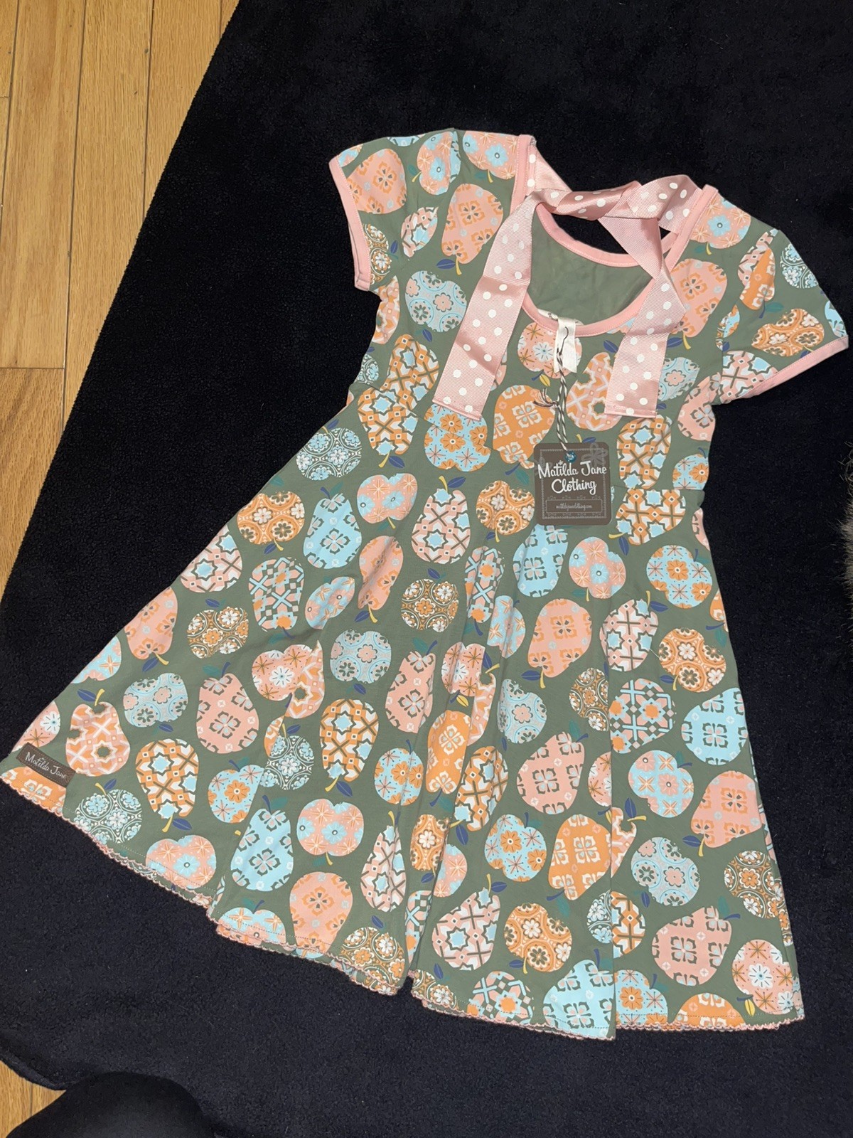 Matilda Jane Just Imagine Cece Dress Green Pink Apples Pears Polka Dot NWT