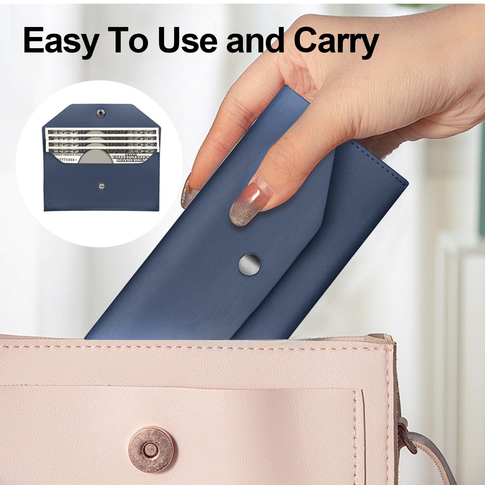 PU Leather Cash Envelope Wallet Women Reusable Budgeting Organizer Dark Blue