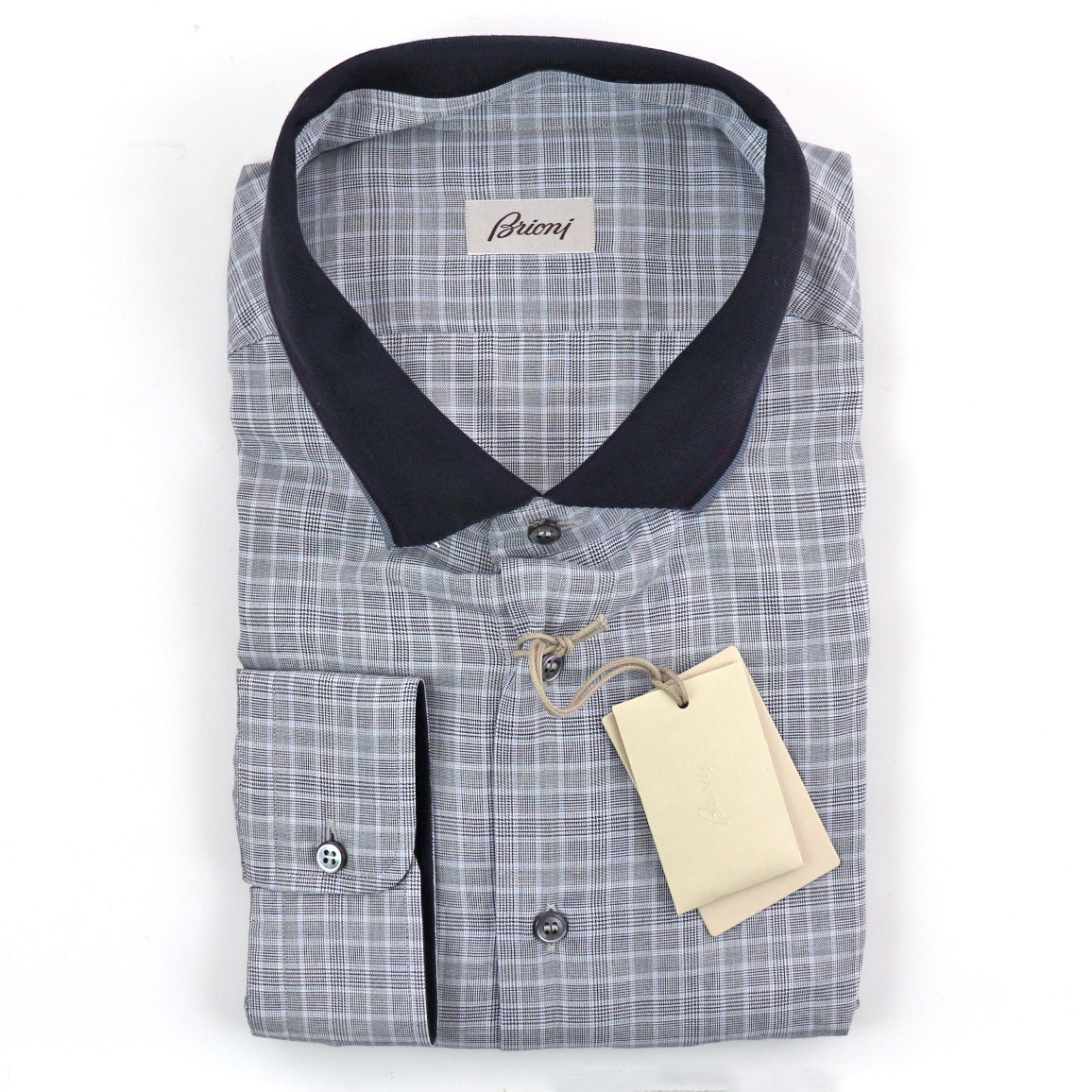$525 NIB BRIONI Gray Blue Houndstooth Check Cotton Slim Fit L/S Casual Shirt L