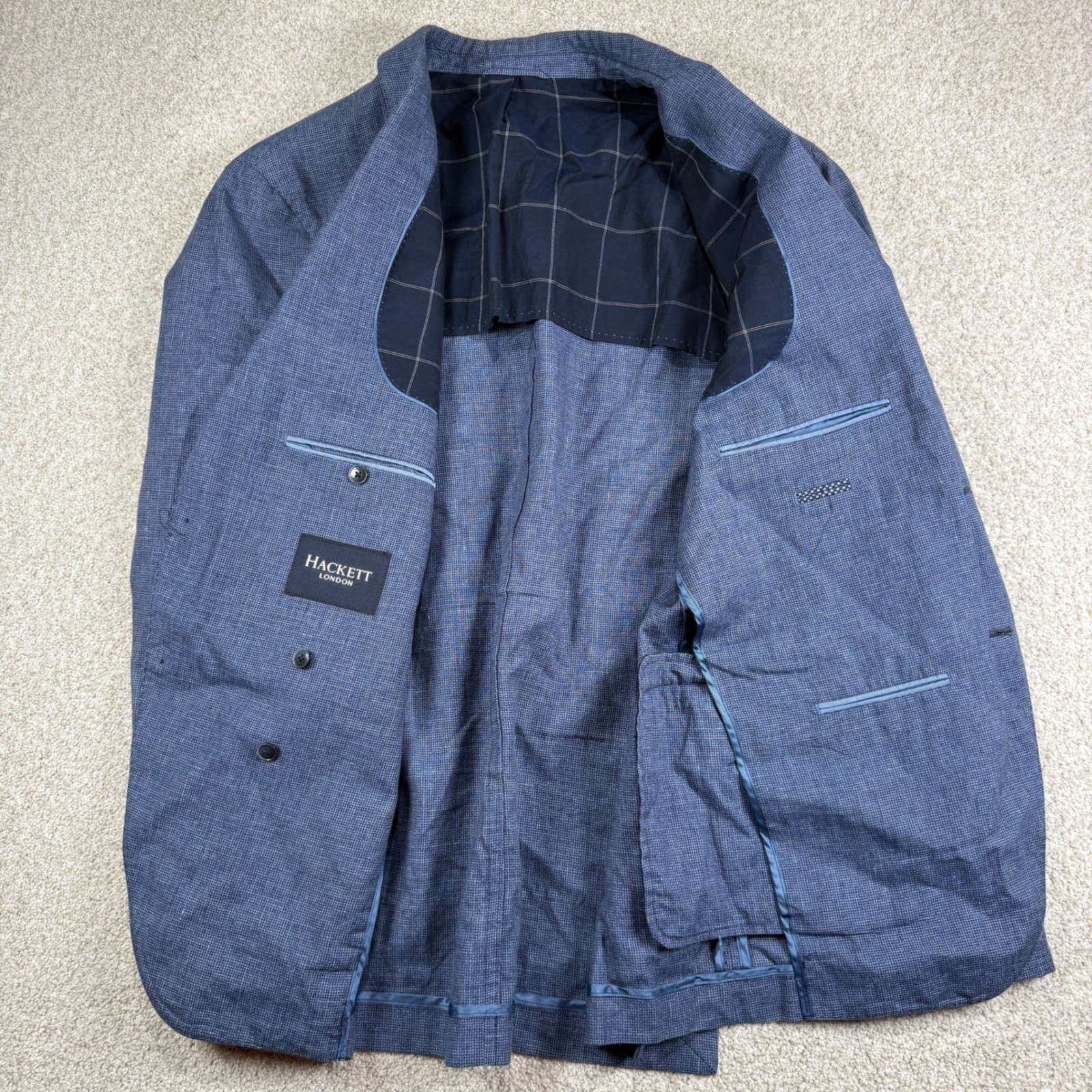 Hackett London Sport Coat Mens 46R Blue Linen Wool Blend Micro Check Blazer