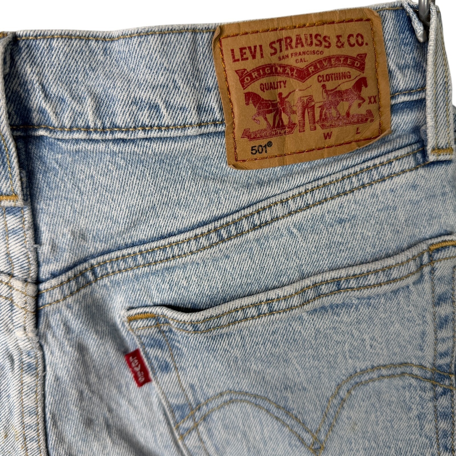 Levis 501 Cut Off Jean Shorts FLAW Distressed Denim High Rise Light Wash 27