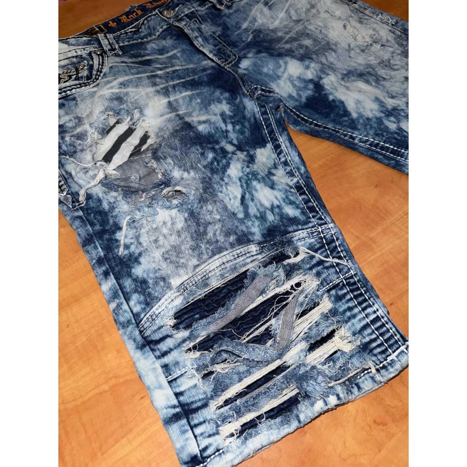 Rock Revival Montell Short Mens 40 Blue Acid Wash Distressed Moto Denim Shorts