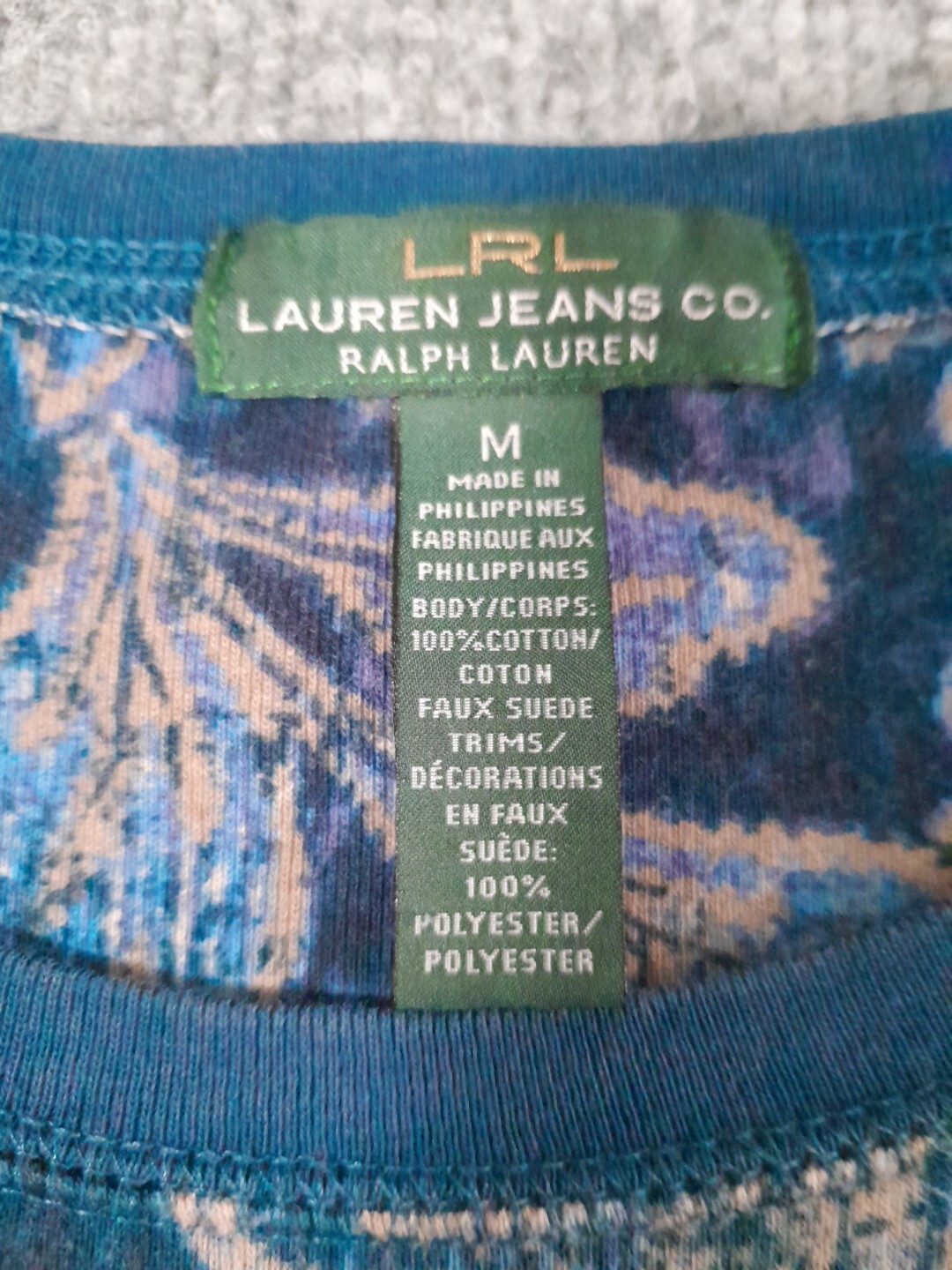 Ralph Lauren LRL Jeans Top Womens M Blouse Paisely Faux Leather Elbow Pads Boho