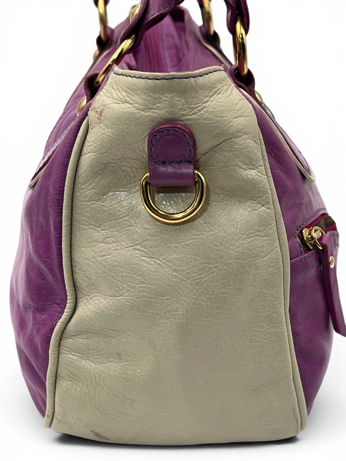 Vintage Roberta Gandolfi Italian Leather Bowler Bag Purple Beige Y2K Purse Tote