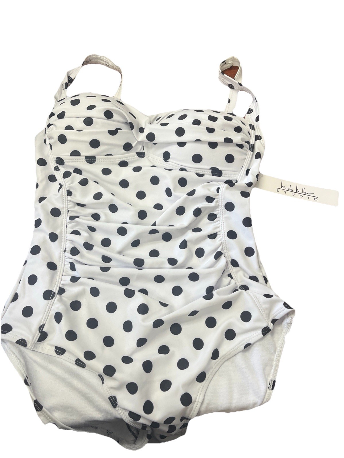 Bandeau Swimsuit 1 Piece White With Black Polkadots Size SM