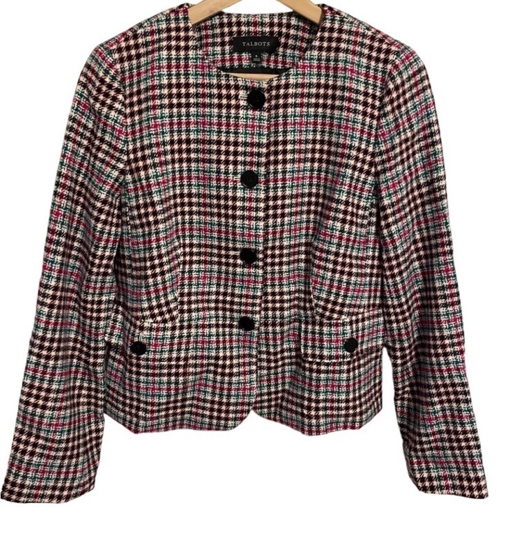 Talbots Women’s Wool Blend Plaid Blazer Jacket Size 6 /Pink, Green, Black, White
