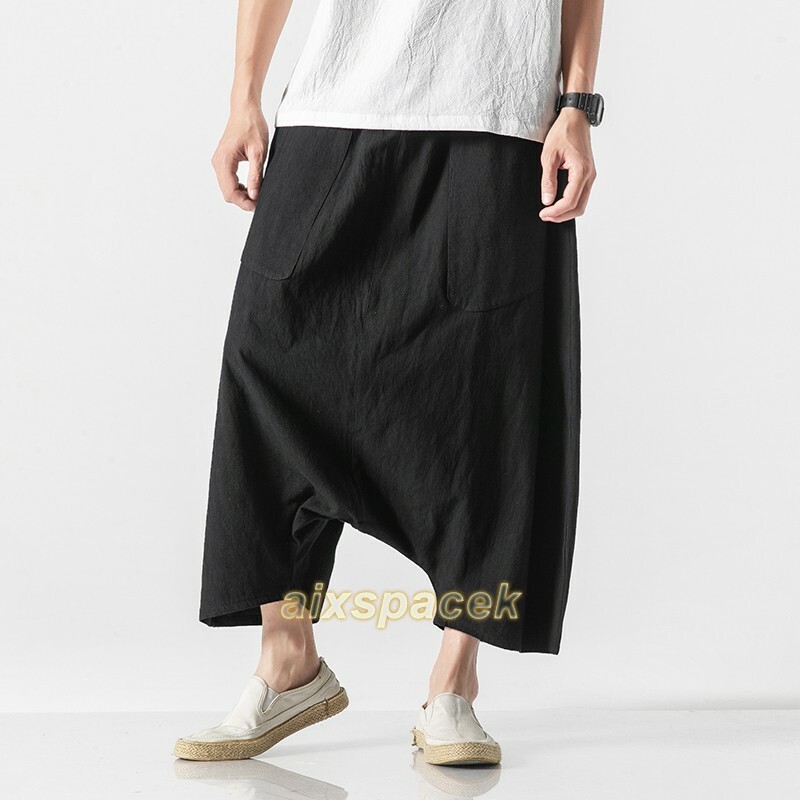 Summer Men’s Cotton Linen Drop Crotch Baggy Big Fork Pants Trouser Chinese