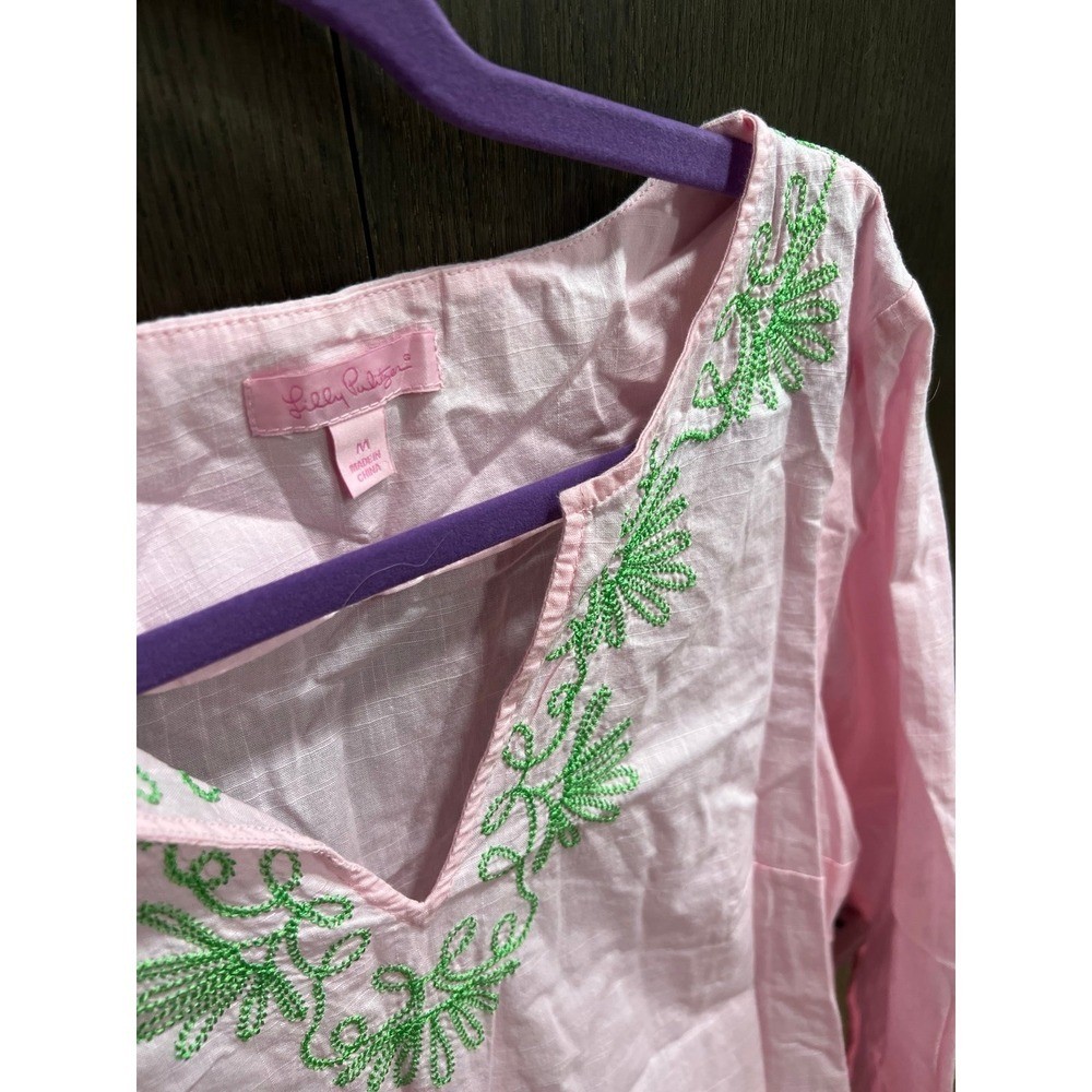 Lilly Pulitzer Elina cotton tunic cover-up in pink with green embroidery medium
