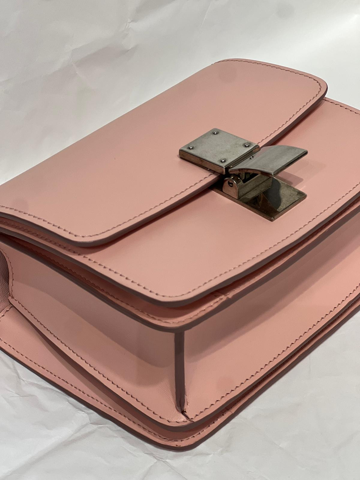 Authentic Celine Classic Box Mini Smooth Calfskin Shoulder Bag Pink Silver-Tone