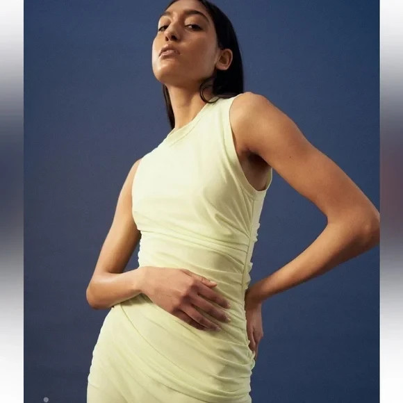 Helmut Lang Electric Yellow Ruched Body Con Sheath Dress Size Small Pre-Owned