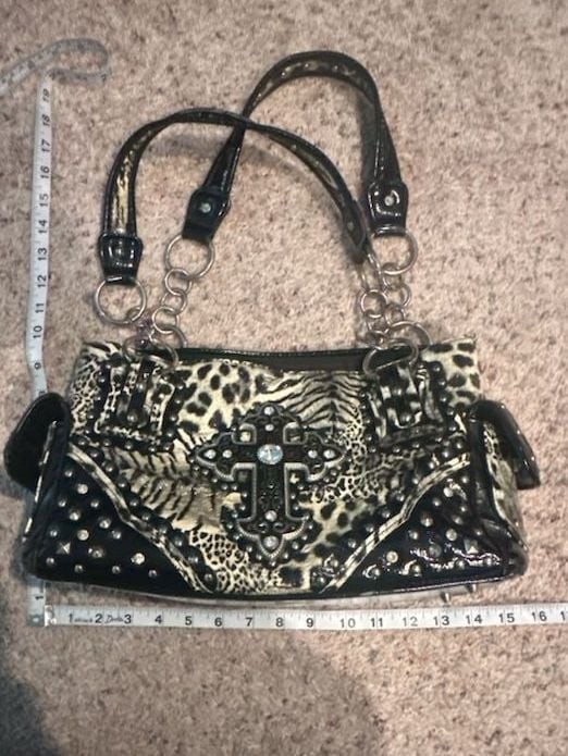 Texas West Western Cross Leopard Print Studded Handbag with Rhinestone Accents